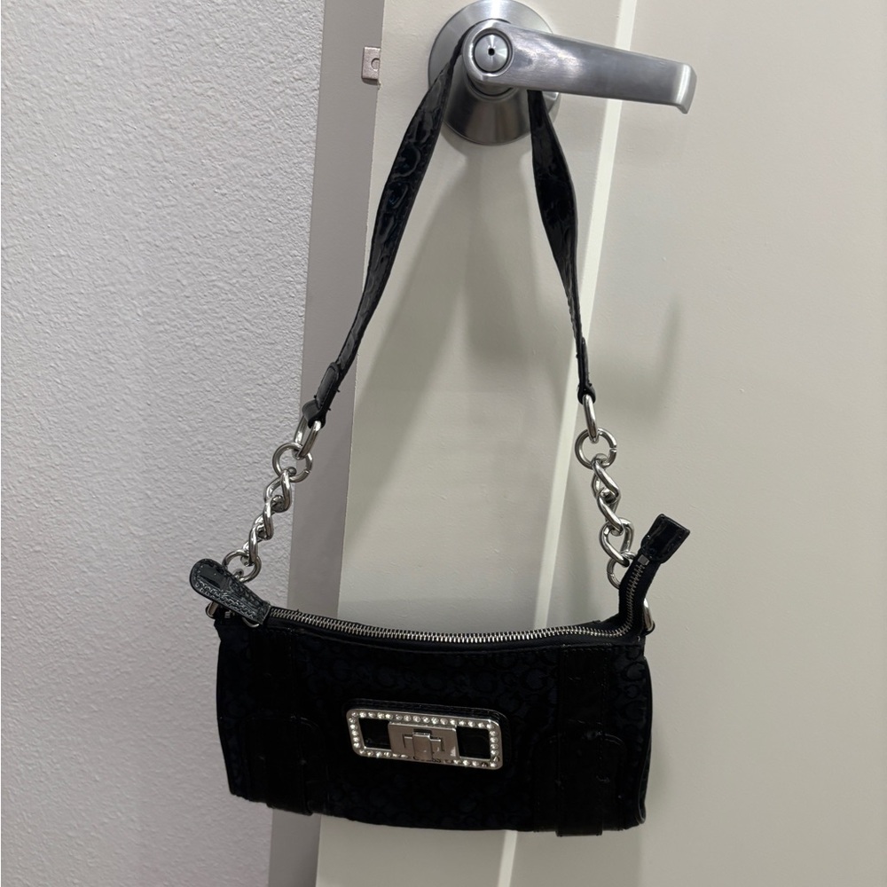 GUESS Black Mini Shoulder Bag with Chain Strap & Rhinestone Buckle